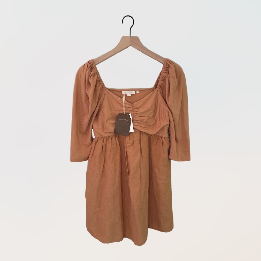 NWT Forever That Girl Sz XS Linen Blend Ruched Babydoll Mini Dress